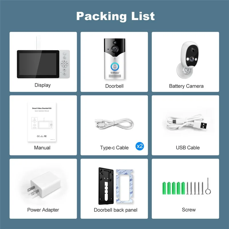 SRIHOME DH051_002_008 Smart Wireless Doorbell Set 4MP HD Indoor Video Intercom Low Power Consumption for Home - US Plug