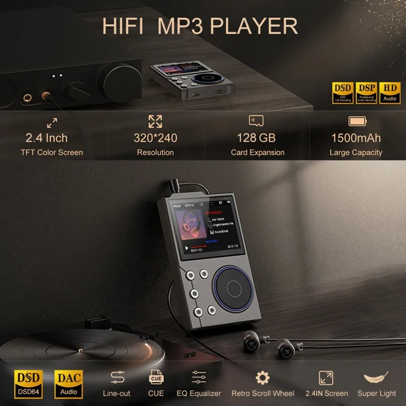 Reproductor de música Hi-Fi T10 de 16 GB con pantalla de 2,4 pulgadas y audio sin pérdida de calidad con Bluetooth 5.0