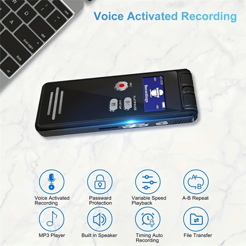 جهاز تسجيل صوتي N15 بسعة 8 جيجابايت بشاشة LED بحجم 0.8 بوصة، قلم تسجيل عالي الدقة مع تقليل الضوضاء، يدعم بطاقة TF للاجتماعات والمحاضرات