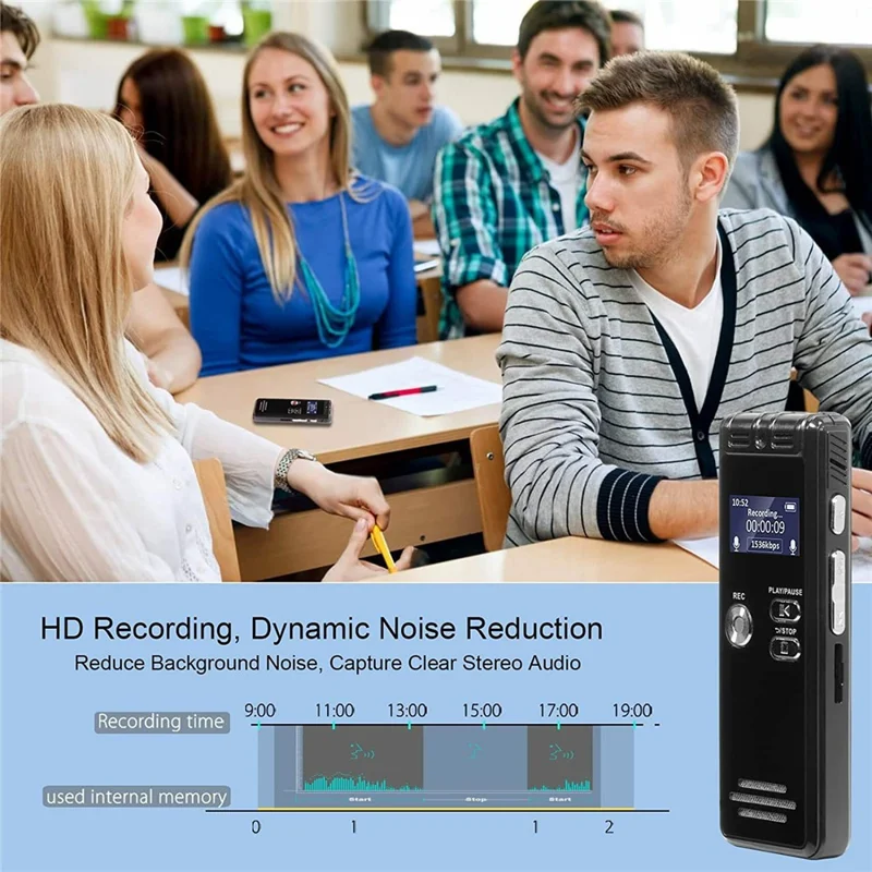 جهاز تسجيل صوتي N15 بسعة 8 جيجابايت بشاشة LED بحجم 0.8 بوصة، قلم تسجيل عالي الدقة مع تقليل الضوضاء، يدعم بطاقة TF للاجتماعات والمحاضرات