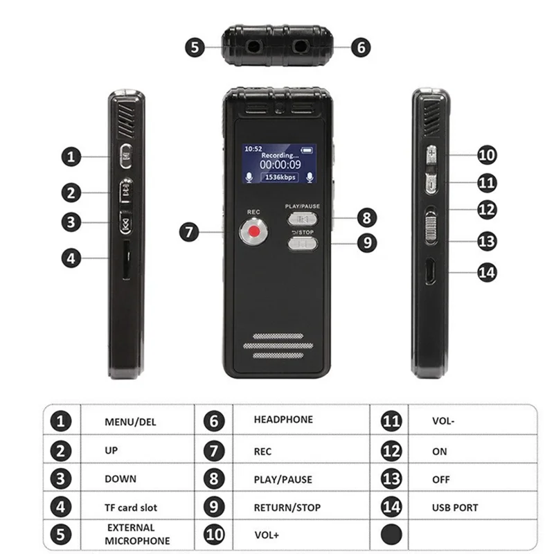 جهاز تسجيل صوتي N15 بسعة 8 جيجابايت بشاشة LED بحجم 0.8 بوصة، قلم تسجيل عالي الدقة مع تقليل الضوضاء، يدعم بطاقة TF للاجتماعات والمحاضرات