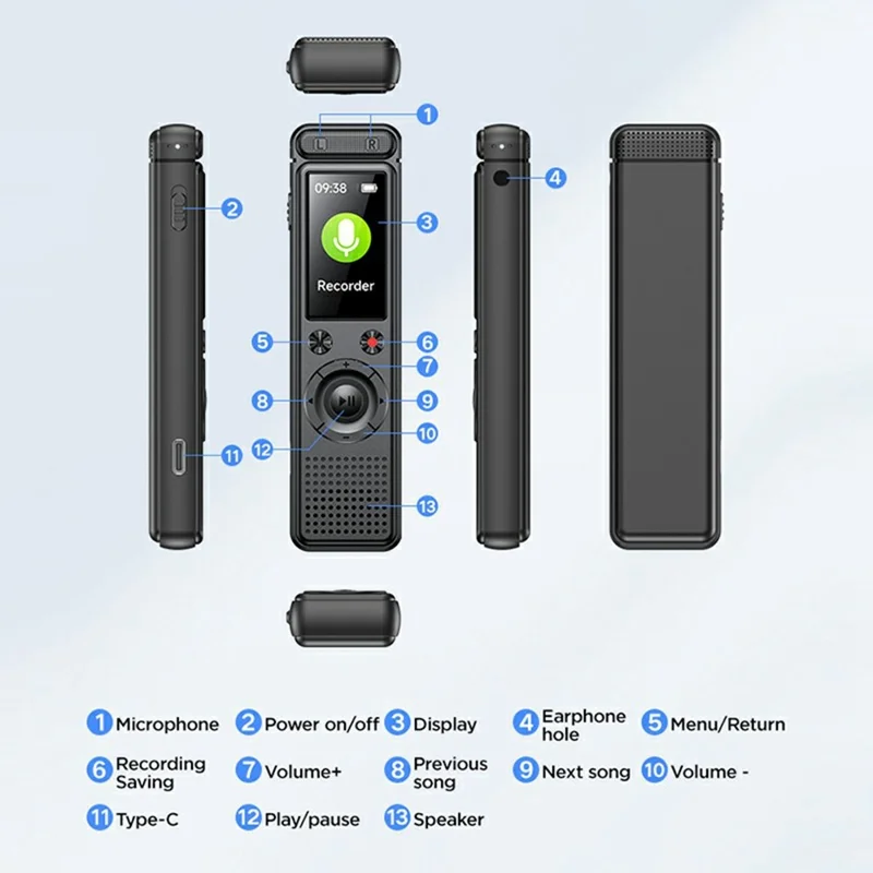 A30 8GB AI-röstspegling 360° omgivningsbrusreducering Inspelningsenhet Enkeltrycksinspelning MP3-spelare