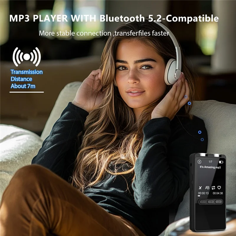 مشغل MP3 محمول N27 مع بلوتوث، مشغل صوتي بمساحة تخزين كبيرة ومسجل متعدد اللغات مع تسجيل بنقرة واحدة وسعة تشغيل تدوم حتى 20 ساعة