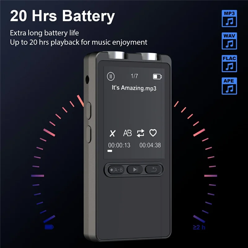 مشغل MP3 محمول N27 مع بلوتوث، مشغل صوتي بمساحة تخزين كبيرة ومسجل متعدد اللغات مع تسجيل بنقرة واحدة وسعة تشغيل تدوم حتى 20 ساعة