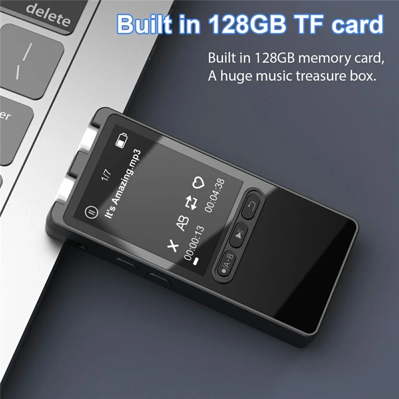مشغل MP3 محمول N27 مع بلوتوث، مشغل صوتي بمساحة تخزين كبيرة ومسجل متعدد اللغات مع تسجيل بنقرة واحدة وسعة تشغيل تدوم حتى 20 ساعة