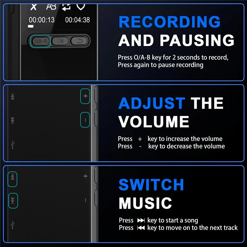 مشغل MP3 محمول N27 مع بلوتوث، مشغل صوتي بمساحة تخزين كبيرة ومسجل متعدد اللغات مع تسجيل بنقرة واحدة وسعة تشغيل تدوم حتى 20 ساعة