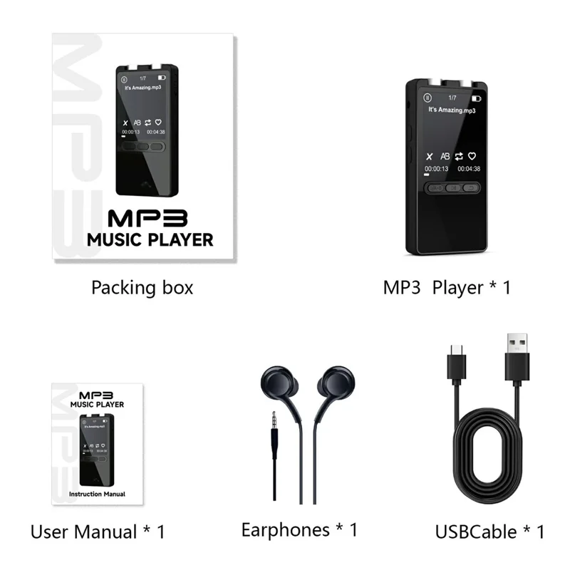 مشغل MP3 محمول N27 مع بلوتوث، مشغل صوتي بمساحة تخزين كبيرة ومسجل متعدد اللغات مع تسجيل بنقرة واحدة وسعة تشغيل تدوم حتى 20 ساعة