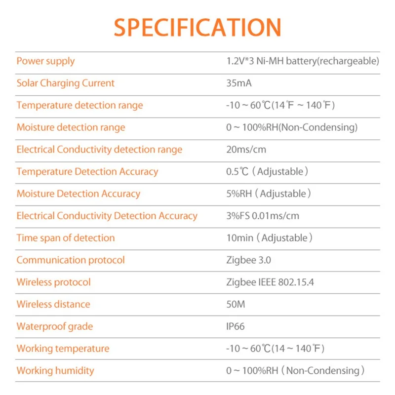 Sensor de Solo Inteligente NEO ZigBee NAS-STH02B à Prova de Água IP66 com Energia Solar, Monitorização de Temperatura, Humidade e CE do Solo com Controlo por Aplicação - Cinzento