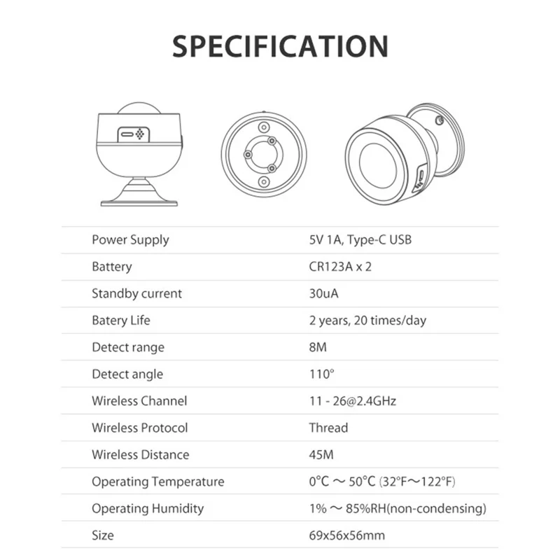 NEO NAS-PD07TM Matter Thread Smart PIR Motion Sensor USB Powered Wireless Human Body Infrared Detector