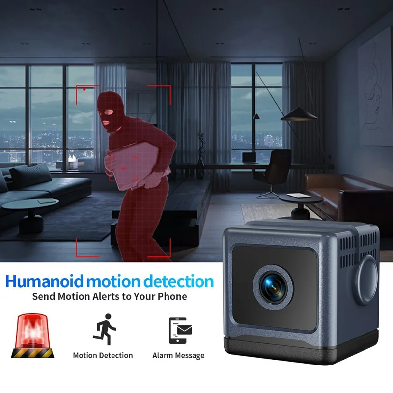 W03 Smart Alarm Wireless Security Camera Motion Detection Mini Battery Camera with Removable Stand for Home, No Card - Black