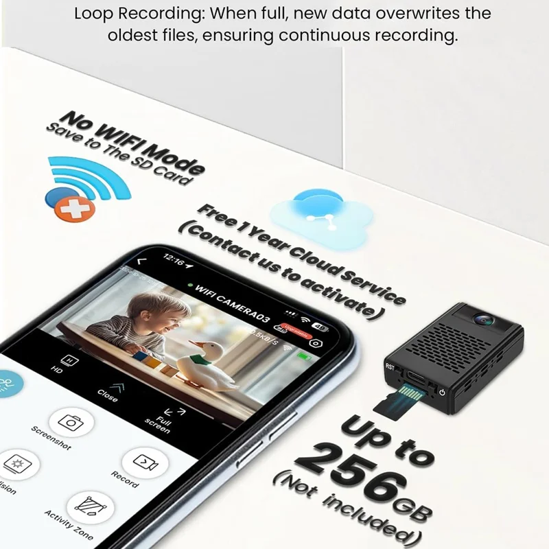 L31 Mini telecamera rotante a 180 gradi, registratore intelligente Ultra HD con rilevamento movimento, allarme e notifiche push - Nero