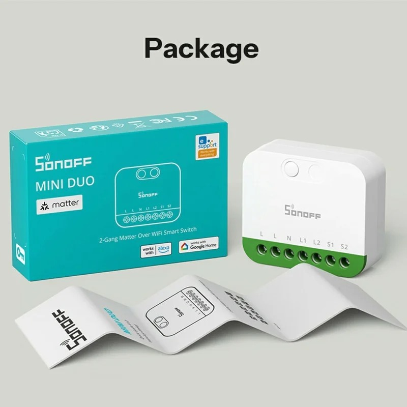 SONOFF MINI-2GS 2-Gang Smart Switch WiFi Matter-Compatible with Dual Load Control  /  Voice Assistant for Home Automation - White