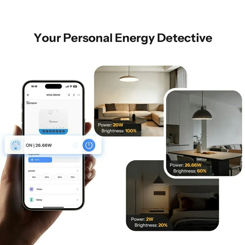 SONOFF MINI-ZBDIM Zigbee Smart Dimmer Switch Module Wireless Lighting Control for LED  /  Incandescent  /  Halogen Light - White