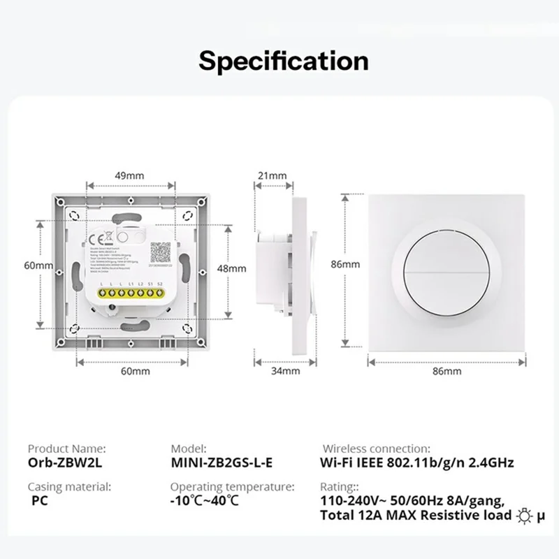 SONOFF Orb-ZBW2L MINI-ZB2GS-L-E Zigbee Dual Channel Smart Wall Switch Ohne Neutralleiter – Weiß