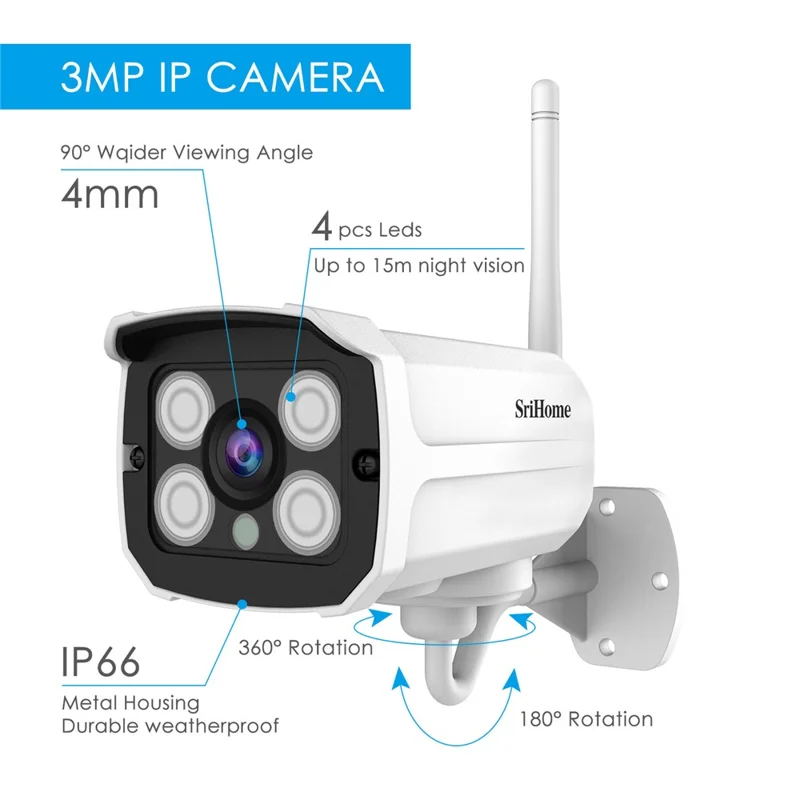 SRIHOME SH024 3.0MP Wireless IP Camera Smart Motion Detection Outdoor Waterproof Surveillance Camera HD ONVIF Bullet WiFi Camera - US Plug