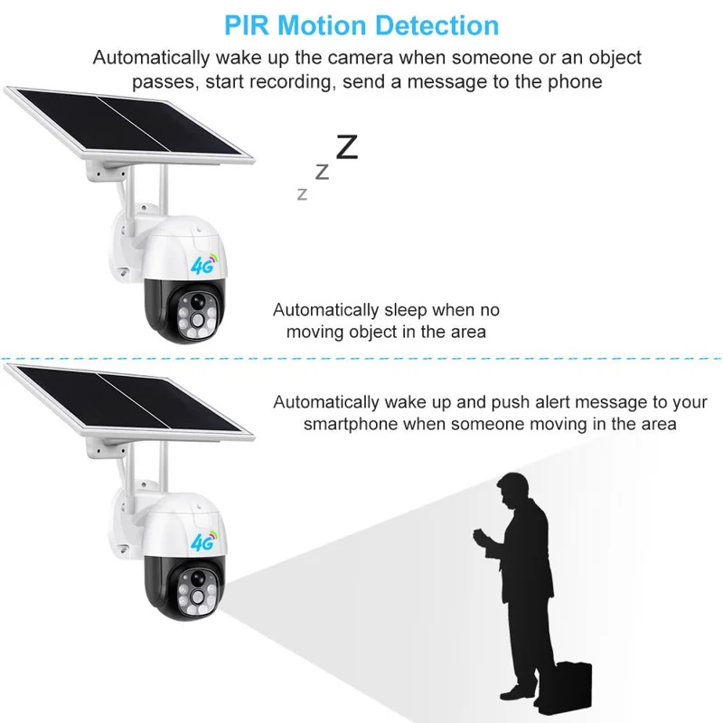 Cámara de seguridad V380 4G con alimentación solar, cámara de vigilancia inalámbrica exterior con detección de movimiento PIR, visión nocturna, PTZ - Versión UE