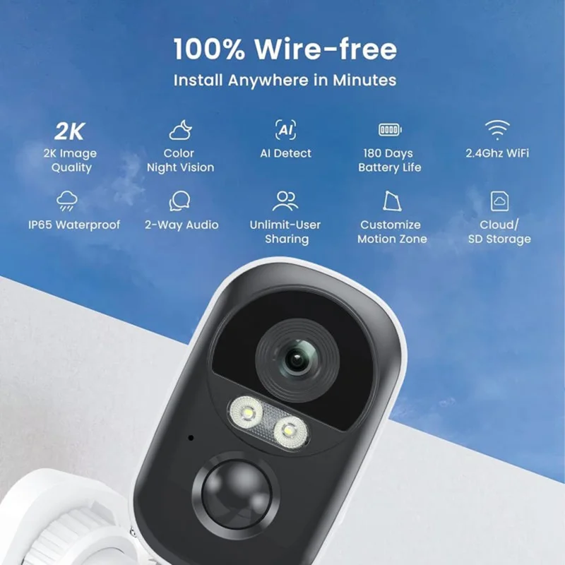 T98 WiFi Tuya APP-Steuerungskamera, solarbetrieben, Nachtsicht, KI, Digital NVR, Cloud, 2K 3MP Sicherheitskamera, 3,7 V 5200 mAh – Weiß / EU-Stecker