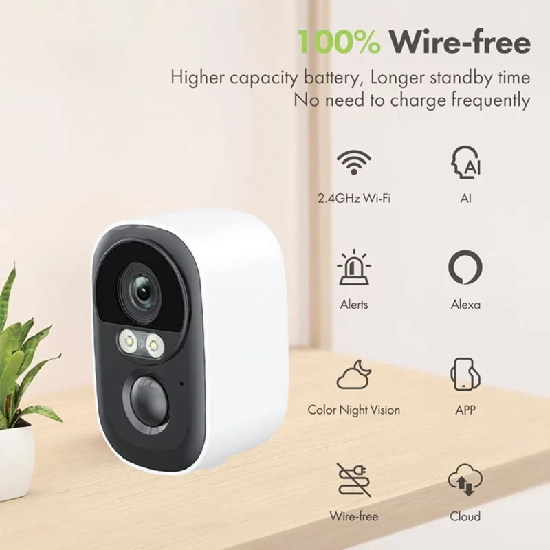 T98 WiFi Tuya APP-Steuerungskamera, solarbetrieben, Nachtsicht, KI, Digital NVR, Cloud, 2K 3MP Sicherheitskamera, 3,7 V 5200 mAh – Weiß / EU-Stecker