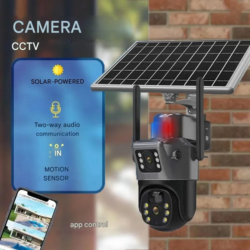 Câmara de Vigilância V380 8MP com Lente Dupla WiFi, Alimentada a Energia Solar, com Detecção de Movimento PIR, Câmara de Segurança Exterior PTZ