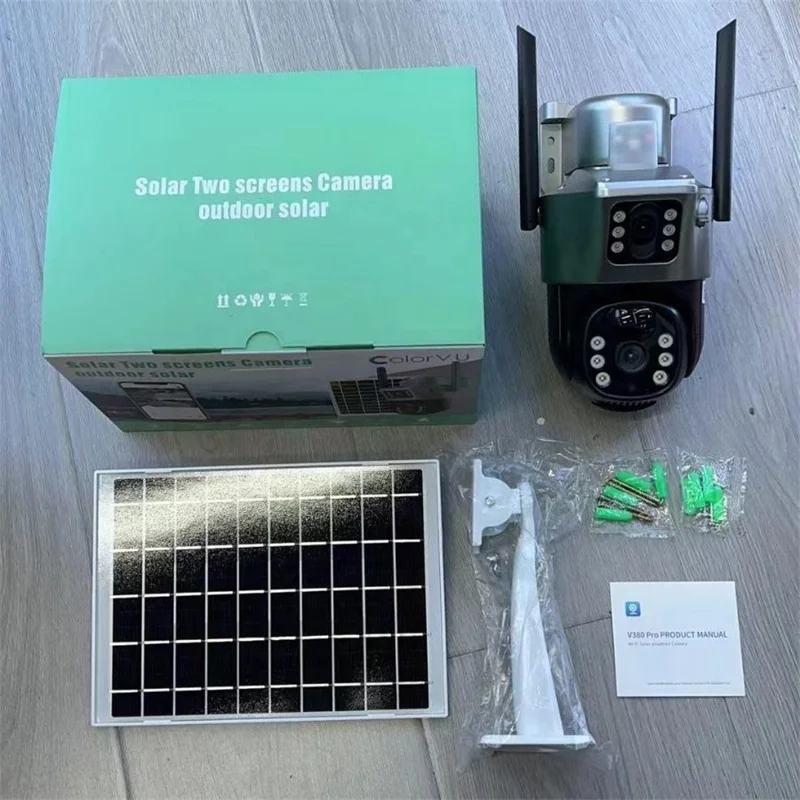Câmara de Vigilância V380 8MP com Lente Dupla WiFi, Alimentada a Energia Solar, com Detecção de Movimento PIR, Câmara de Segurança Exterior PTZ