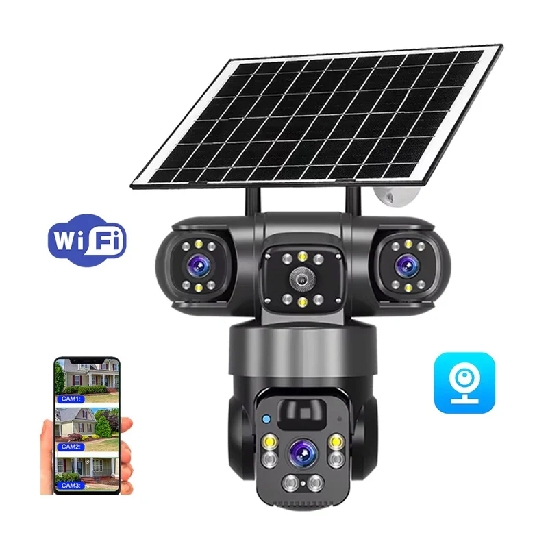 V380 Pro 3 Lens PTZ Camera Outdoor Waterproof Human Detection Two Way Audio Solar Powered WiFi Security Camera - Black