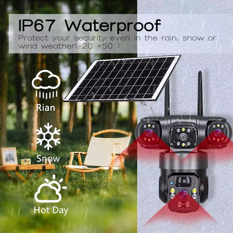 V380 Pro 3 Lens PTZ Camera Outdoor Waterproof Human Detection Two Way Audio Solar Powered WiFi Security Camera - Black
