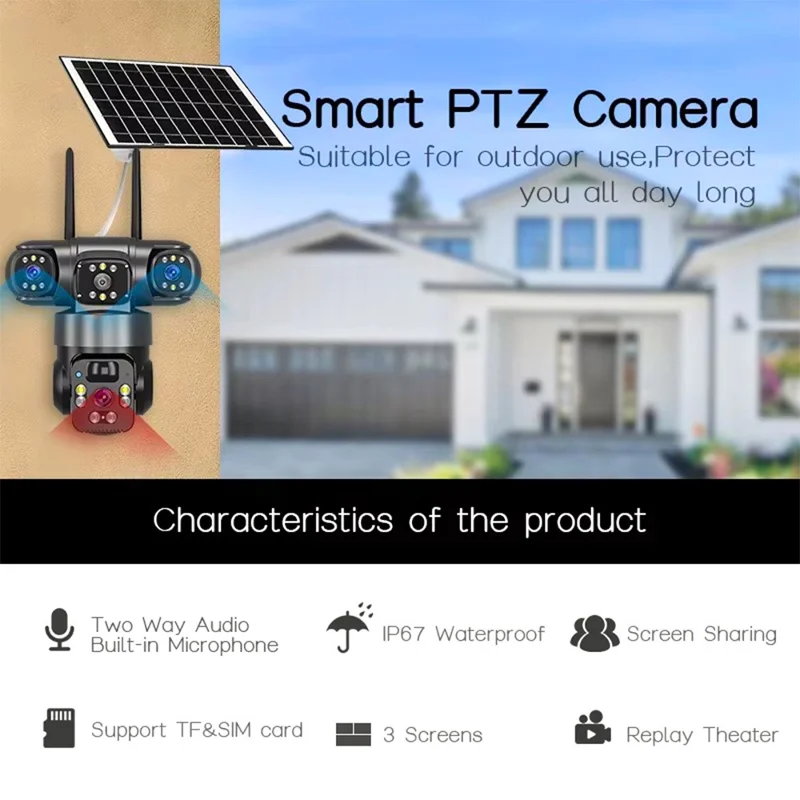 V380 Pro 3 Lens PTZ Camera Outdoor Waterproof Human Detection Two Way Audio Solar Powered WiFi Security Camera - Black