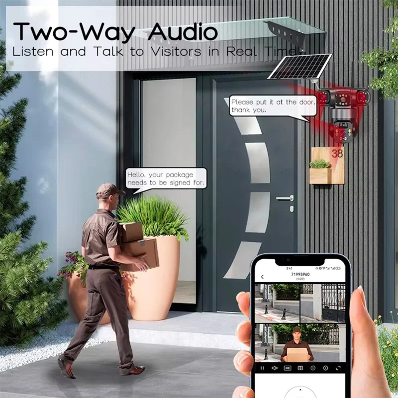 V380 Pro 3 Lens PTZ Camera Outdoor Waterproof Human Detection Two Way Audio Solar Powered WiFi Security Camera - Black