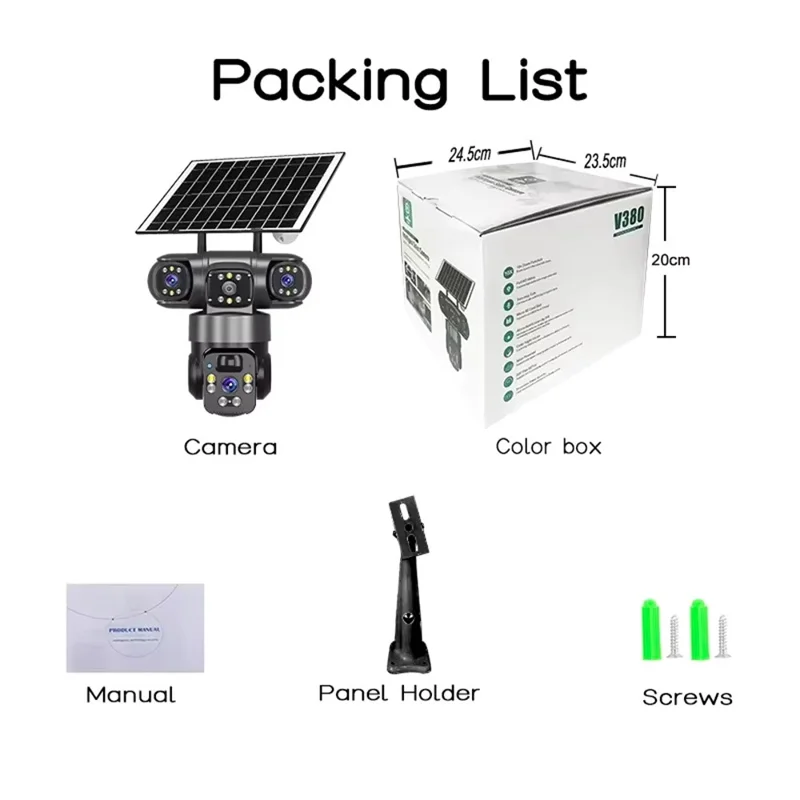 V380 Pro 3 Lens PTZ Camera Outdoor Waterproof Human Detection Two Way Audio Solar Powered WiFi Security Camera - Black