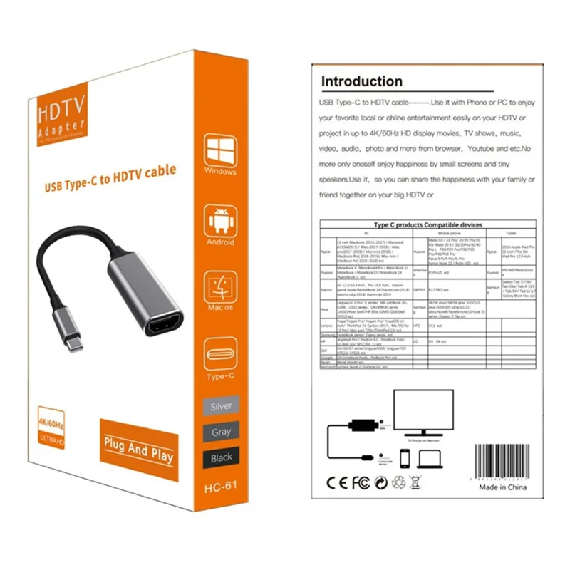 HC-61 USB-C auf HD Kabel 4K / 60Hz Adapter für Handy Laptop Tablet zur Bildschirmspiegelung an TV Projektor HD Video Audio Sync