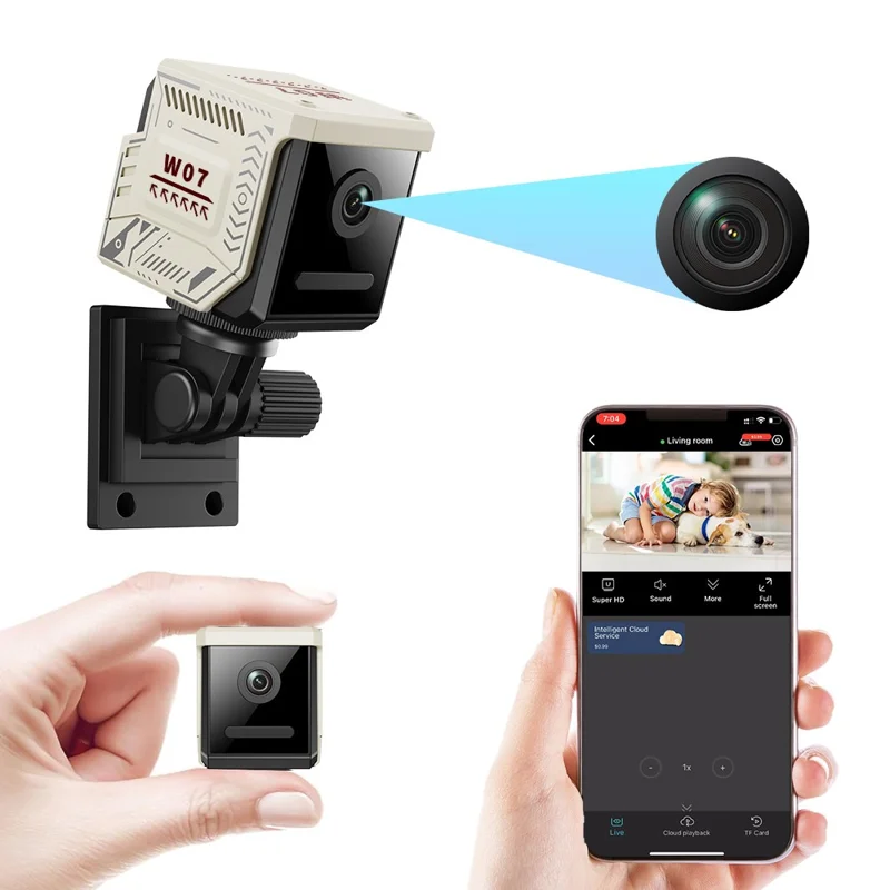 W07 WiFi Mini Compact Security Camera 1080P HD Night Vision Motion Detection Remote Monitor for Home (No Memory Card) - White