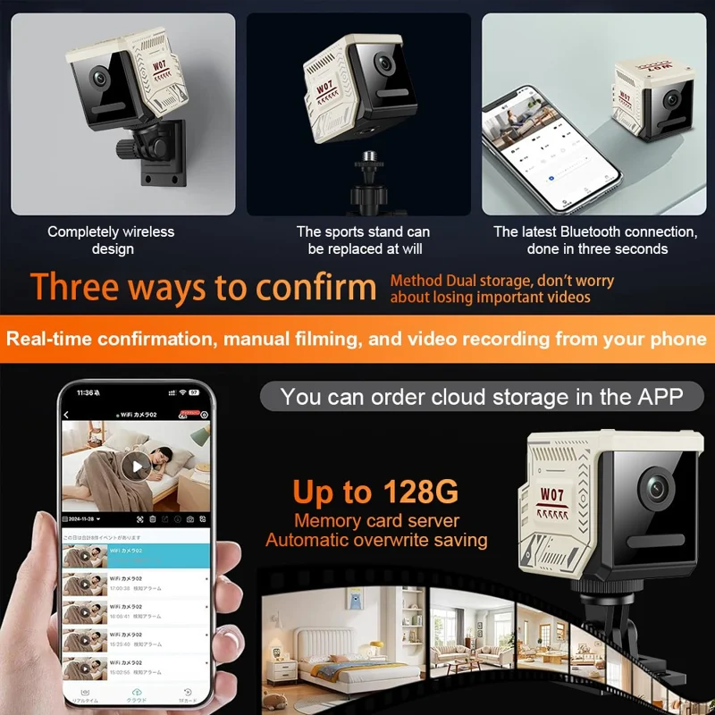 W07 WiFi Mini Compact Security Camera 1080P HD Night Vision Motion Detection Remote Monitor for Home (No Memory Card) - White