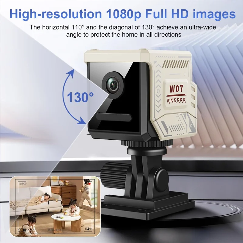 W07 WiFi Mini Compact Security Camera 1080P HD Night Vision Motion Detection Remote Monitor for Home (No Memory Card) - White