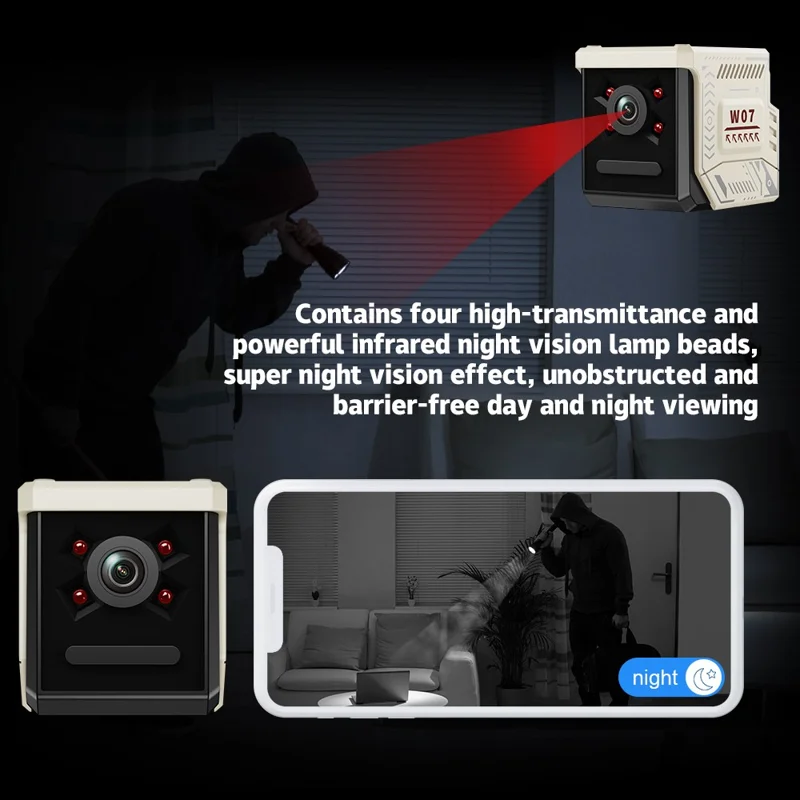 W07 WiFi Mini Compact Security Camera 1080P HD Night Vision Motion Detection Remote Monitor for Home (No Memory Card) - White