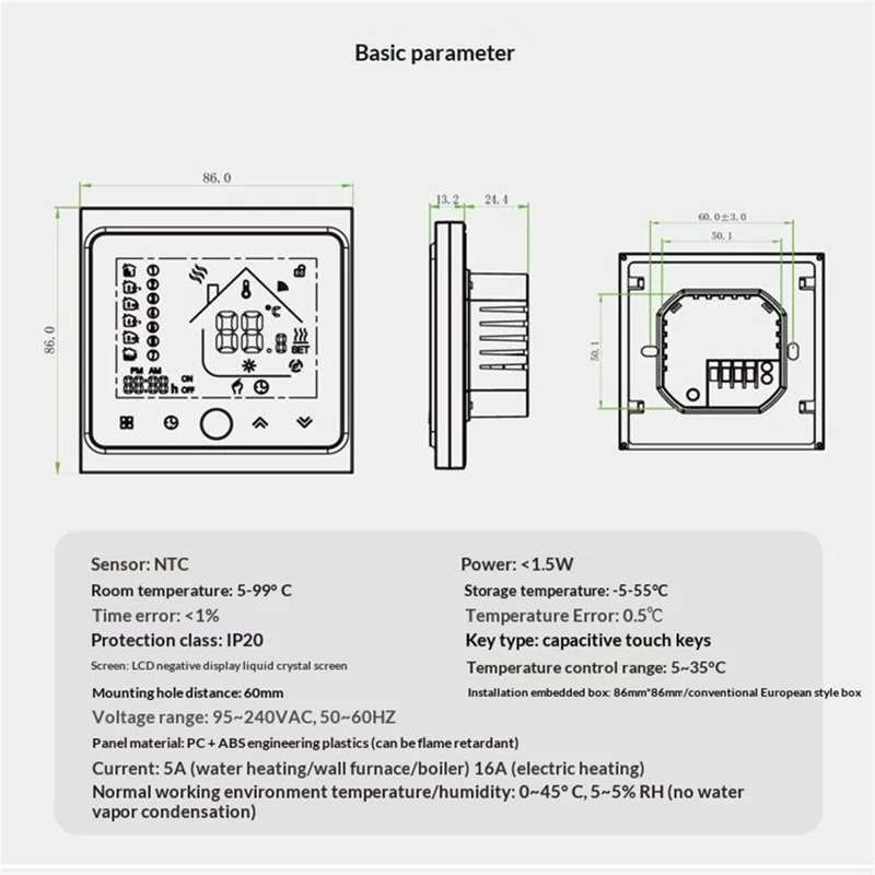 BHT-002GBLZB Thermostat intelligent ZigBee, commande précise de la température, écran tactile LCD, contrôleur de chauffage - Noir