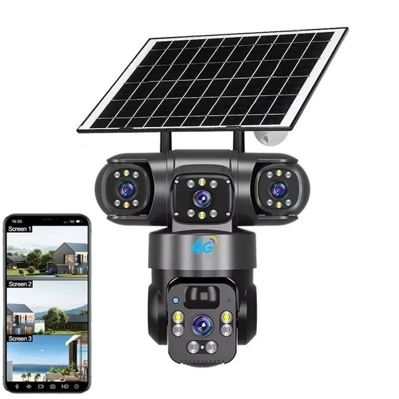Caméra de sécurité solaire panoramique 360 degrés 3 écrans 6 MP 4G WiFi sans fil Caméra de surveillance extérieure avec détection humaine IA