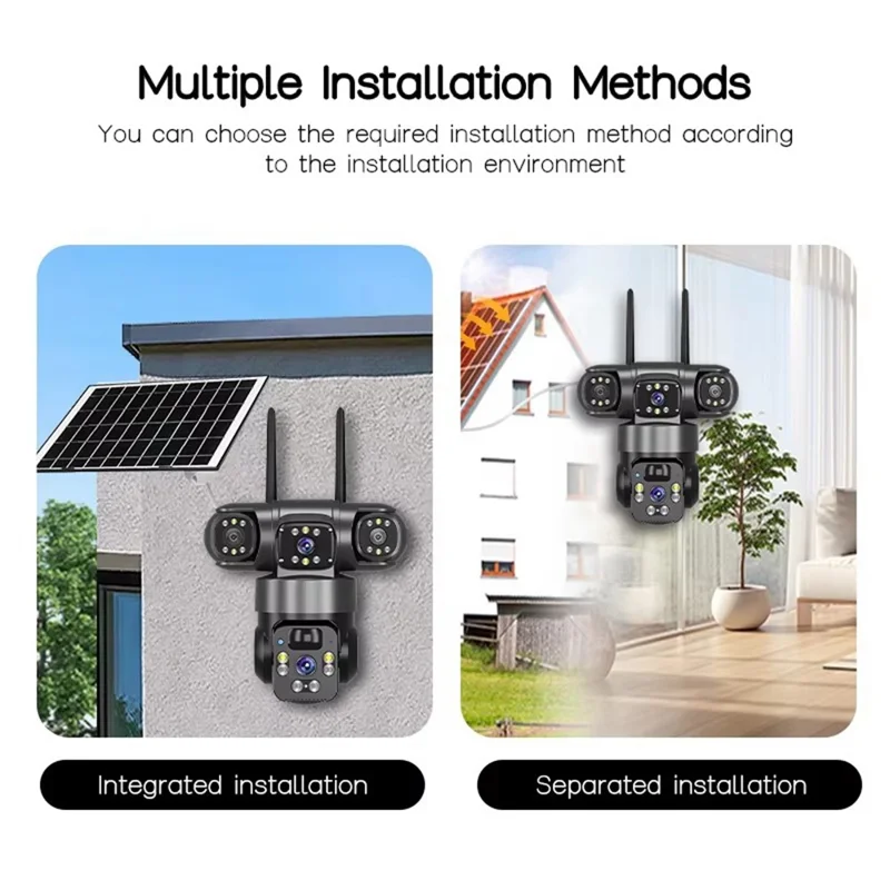 Caméra de sécurité solaire panoramique 360 degrés 3 écrans 6 MP 4G WiFi sans fil Caméra de surveillance extérieure avec détection humaine IA