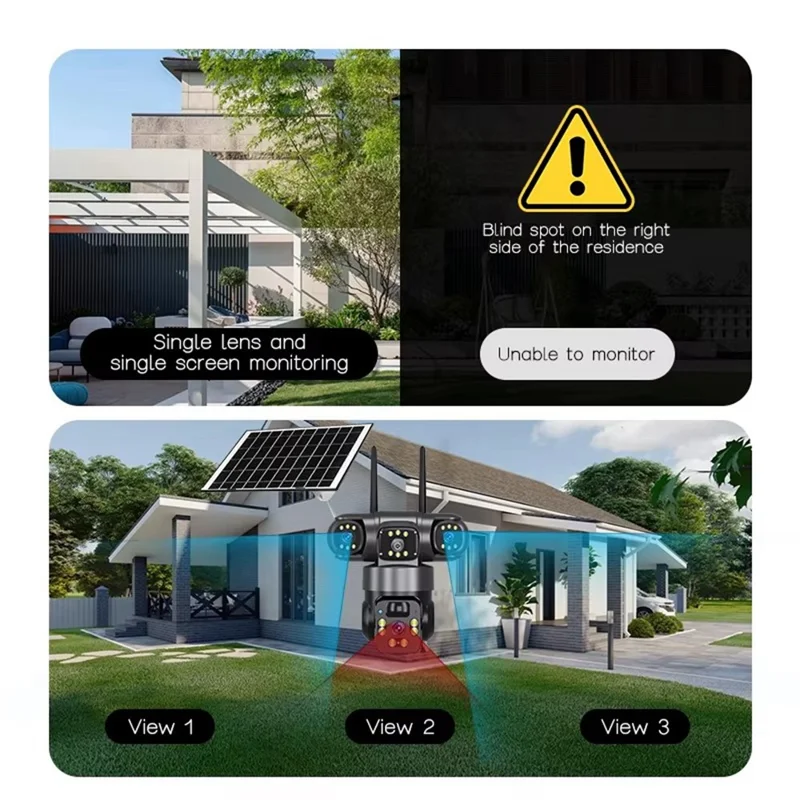 Caméra de sécurité solaire panoramique 360 degrés 3 écrans 6 MP 4G WiFi sans fil Caméra de surveillance extérieure avec détection humaine IA