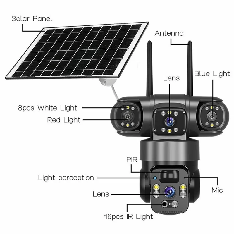 Caméra de sécurité solaire panoramique 360 degrés 3 écrans 6 MP 4G WiFi sans fil Caméra de surveillance extérieure avec détection humaine IA