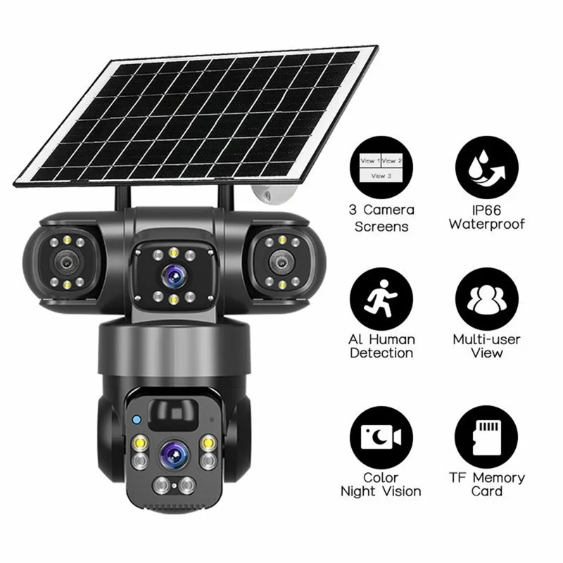 Caméra de sécurité solaire panoramique 360 degrés 3 écrans 6 MP 4G WiFi sans fil Caméra de surveillance extérieure avec détection humaine IA