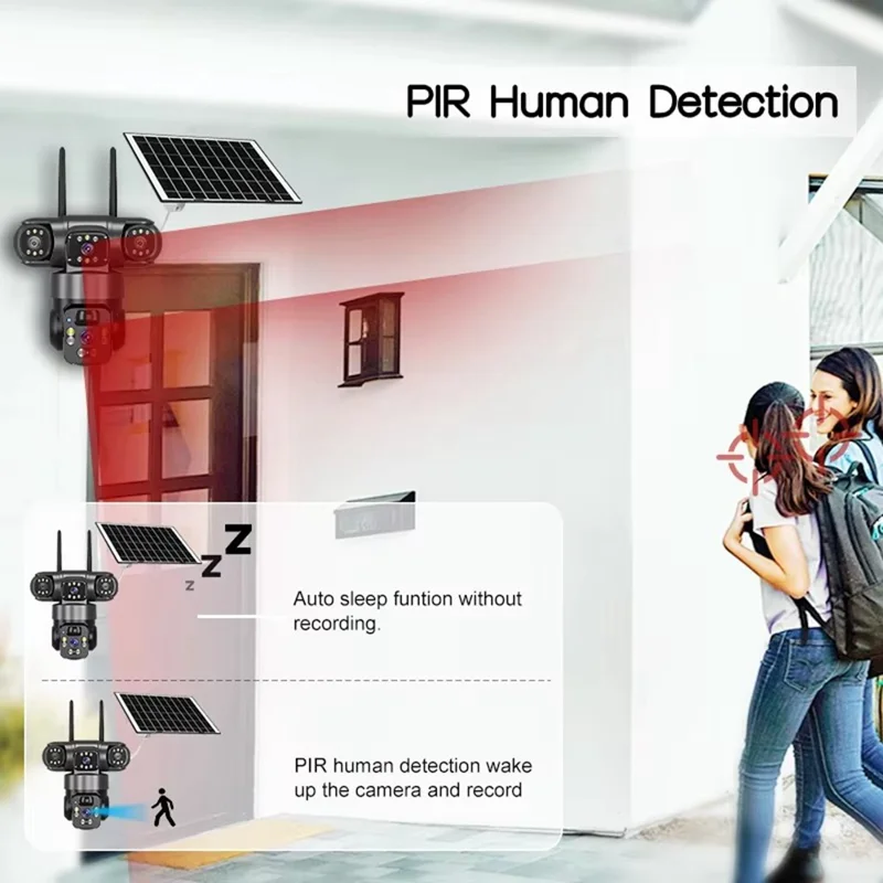 Caméra de sécurité solaire panoramique 360 degrés 3 écrans 6 MP 4G WiFi sans fil Caméra de surveillance extérieure avec détection humaine IA