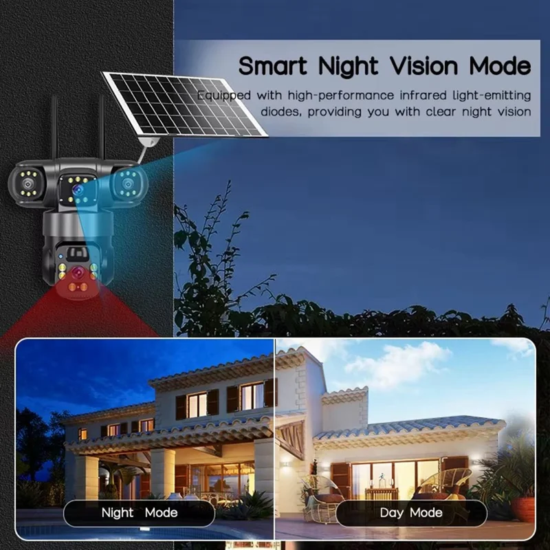 Caméra de sécurité solaire panoramique 360 degrés 3 écrans 6 MP 4G WiFi sans fil Caméra de surveillance extérieure avec détection humaine IA