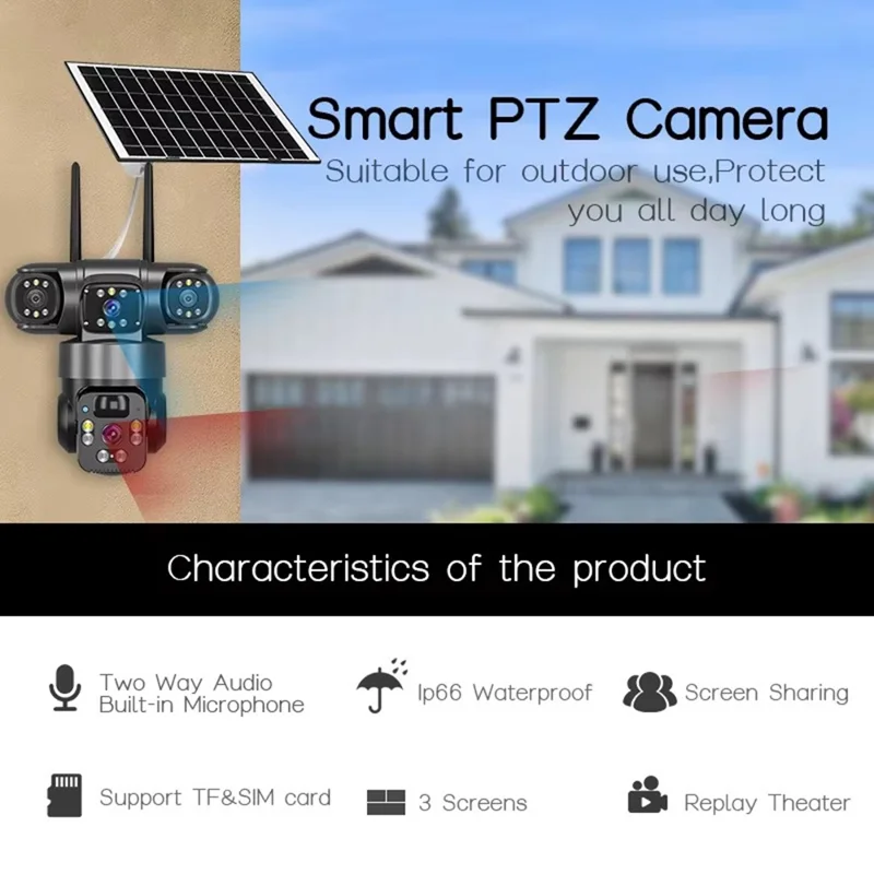 Caméra de sécurité solaire panoramique 360 degrés 3 écrans 6 MP 4G WiFi sans fil Caméra de surveillance extérieure avec détection humaine IA