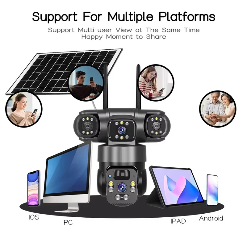 Caméra de sécurité solaire panoramique 360 degrés 3 écrans 6 MP 4G WiFi sans fil Caméra de surveillance extérieure avec détection humaine IA