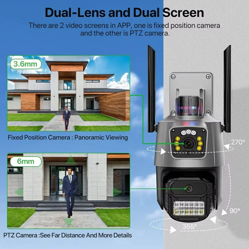 V380 4G Dual Lens Dual Screen Security Camera 2MP+2MP HD Outdoor Wireless PTZ IP Surveilance Camera with Night Vision - EU Plug