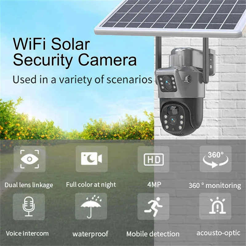 V380 WiFi Solar Sikkerheds Kamera Dobbelt Linse 4MP Vandtæt 360 Grader Pan-Tilt Natkamera Overvågningskamera til Udendørs