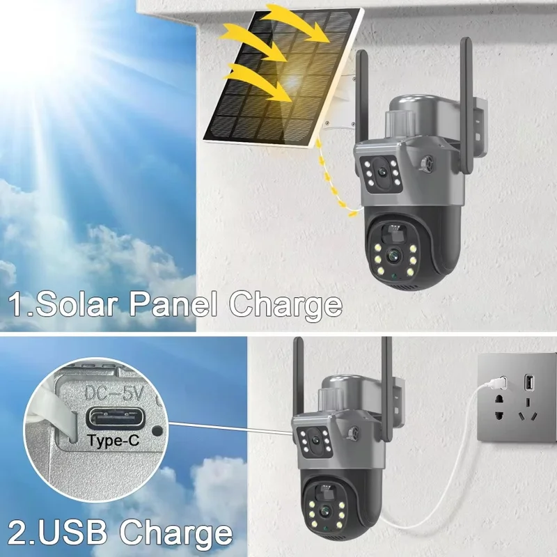 V380 WiFi Solar Sikkerheds Kamera Dobbelt Linse 4MP Vandtæt 360 Grader Pan-Tilt Natkamera Overvågningskamera til Udendørs