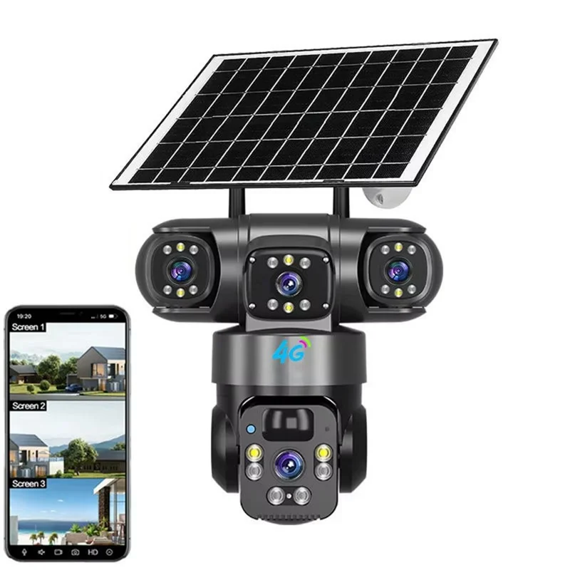 V380 Solar Security Camera IP66 Waterproof 3 Lens 4G Outdoor PTZ 6MP Surveillance Camera