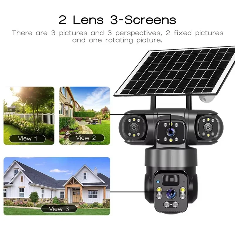 V380 Solar Security Camera IP66 Waterproof 3 Lens 4G Outdoor PTZ 6MP Surveillance Camera