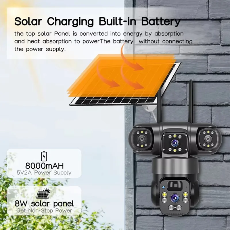V380 Solar Security Camera IP66 Waterproof 3 Lens 4G Outdoor PTZ 6MP Surveillance Camera